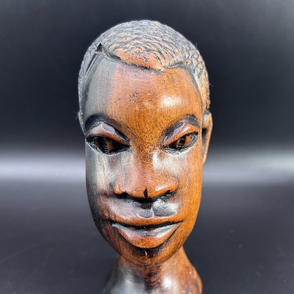 Hand Carved Wooden Male African Head Statue Approx 6" x 3" x 2.5" Decor Accents - Picture 1 of 14